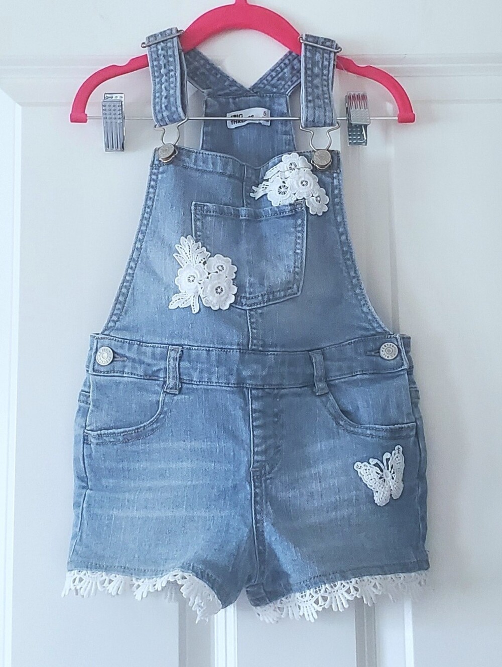 Little Girl's Lace Detailed Denim Shortalls with Adjustable Waist & Straps